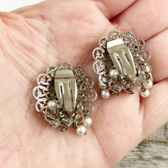 Vintage Silver Tone Filigree Chandelier Earrings With Faux Pearl Dangles - Picture 3 of 3